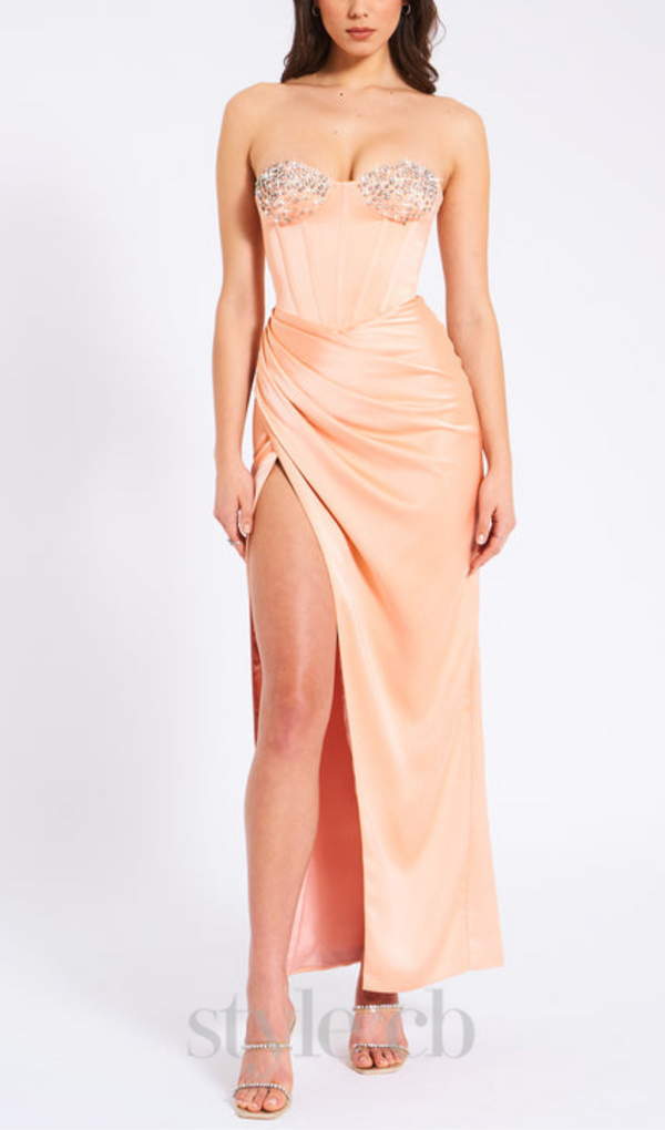 BLUSH SATIN CORSET SLIT GOWN WITH CRYSTAL EMBELLISHED