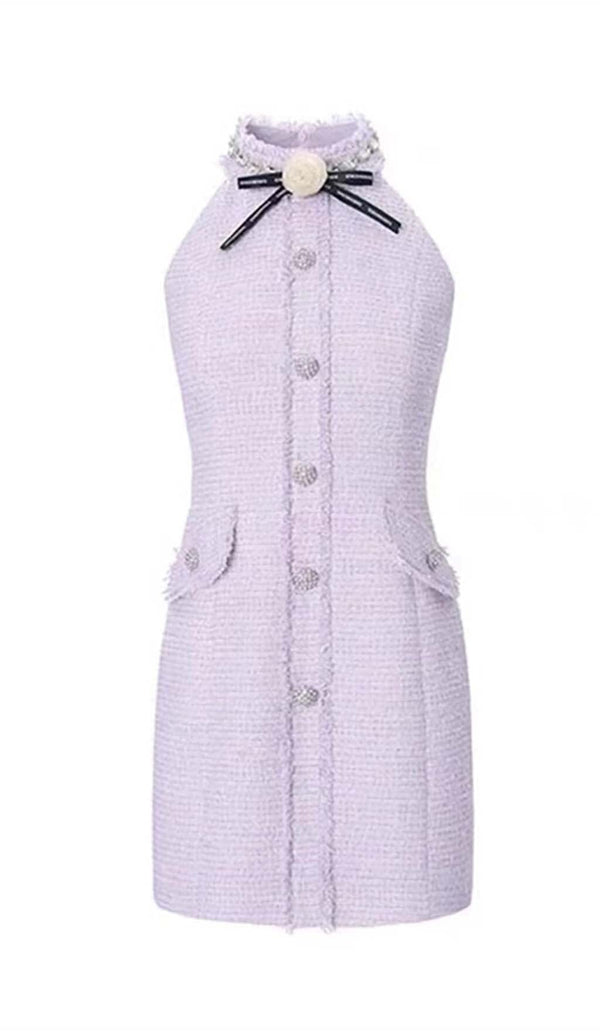 HALTER BOW NECK TWEED MINI DRESS IN LILAC DRESS STYLE OF CB 