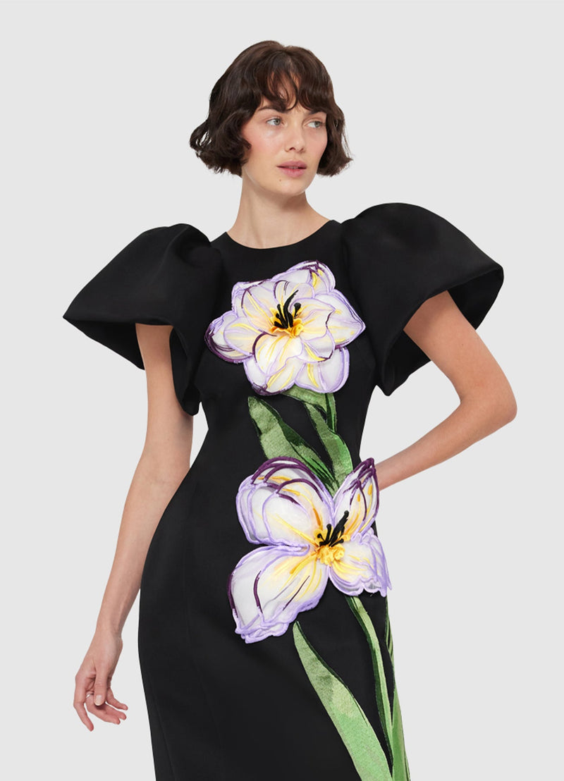 Iris Print Appliqué Floral Maxi Dress in Ebony