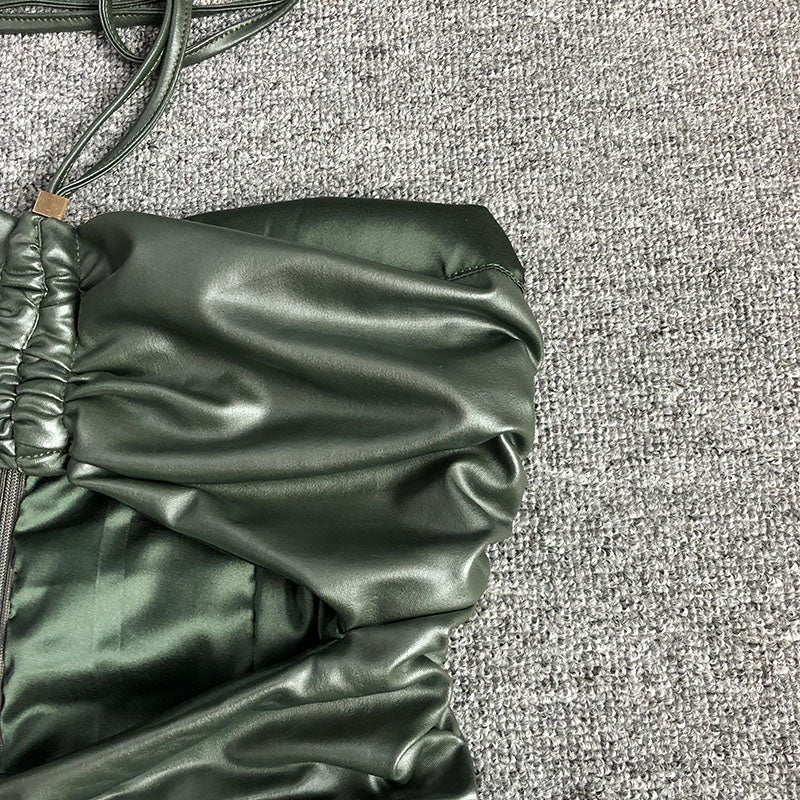 GREEN BACKPACK-BARING BUTT PLEATED DRESS