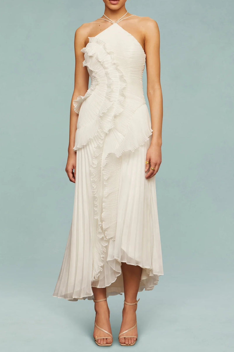 alva Sleeveless Folds Slit Maxi Dress in light white