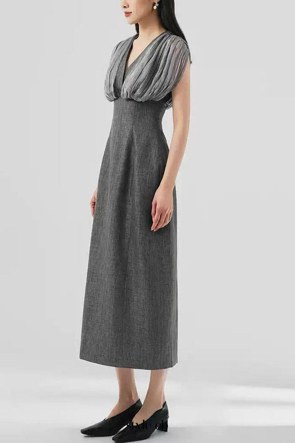 Mesh stitching sleeveless midi dress in grey