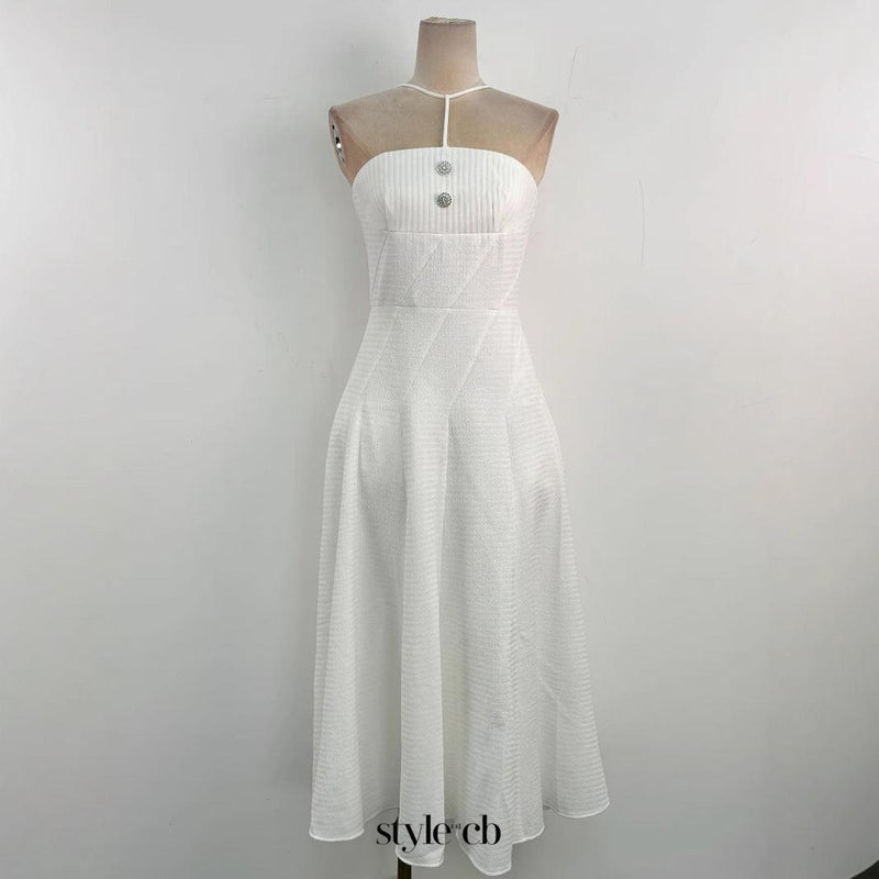 off-shoulder Sleeveless Jacquard Midi Dress in apricot