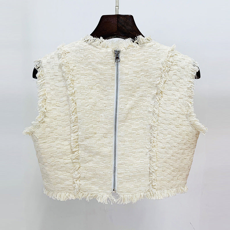 LION BUTTON FRINGED TWEED STAND COLLAR JACKET