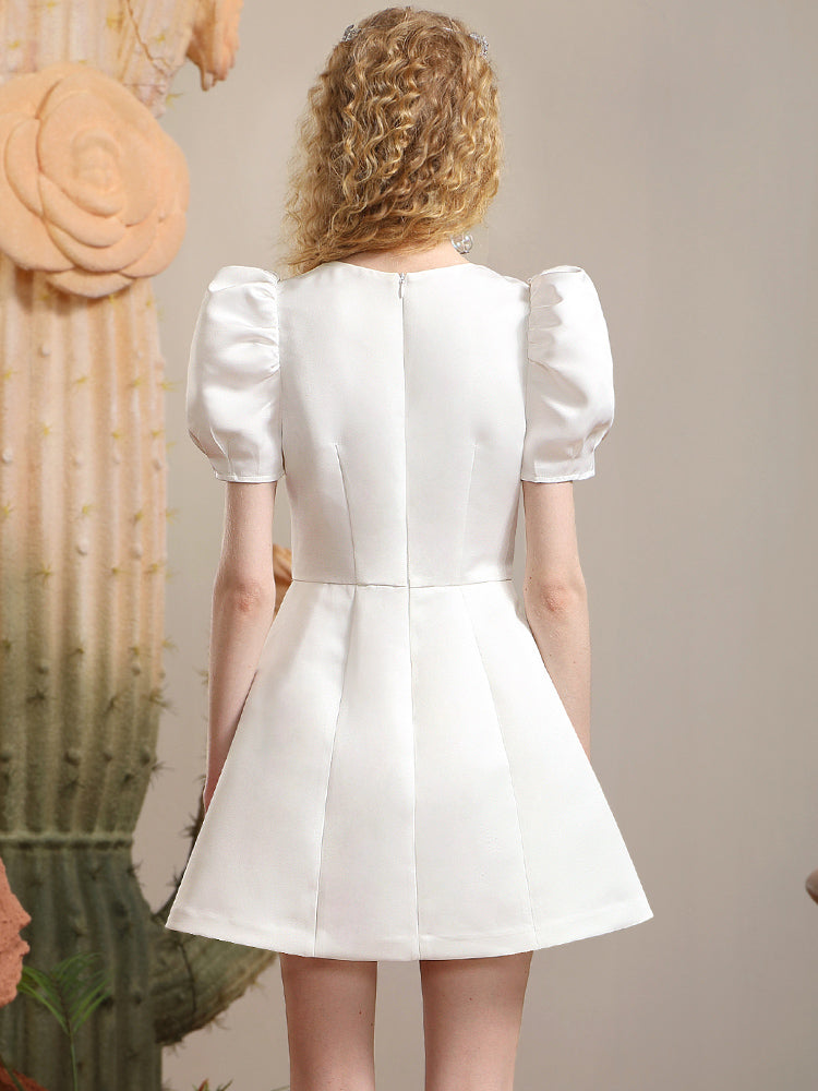 Ribbon Puff-sleeve Princess A-line Derss in white