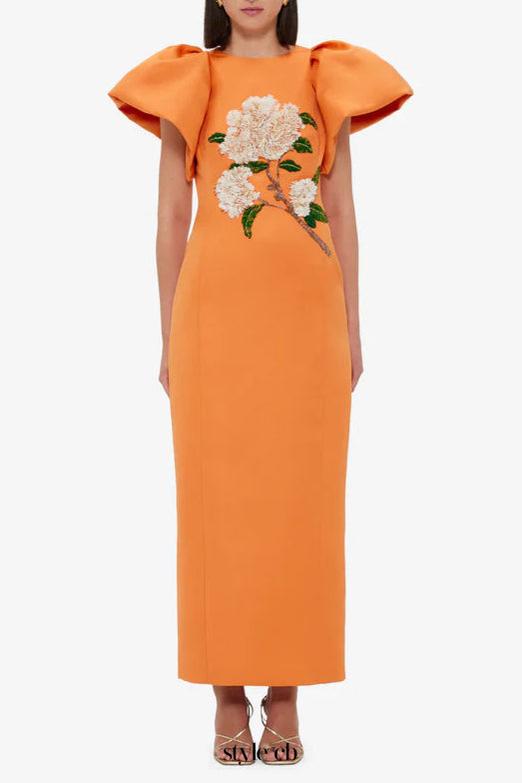 edwina Embellished Maxi Dress Hydrangea Print in Tangerine