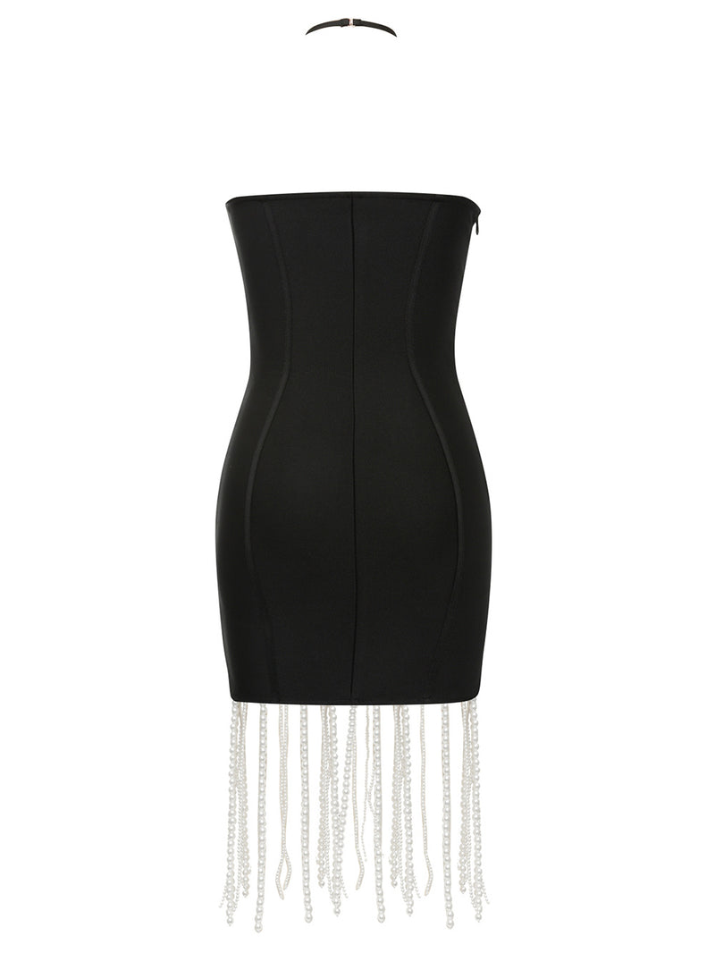 PEARL DRAPED EMBELLISHED BODYCON MINI DRESS IN BLACK