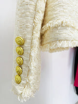 LION BUTTON FRINGED TWEED STAND COLLAR JACKET