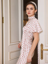 Red Polka Dot Bubble Sleeve midi Dress