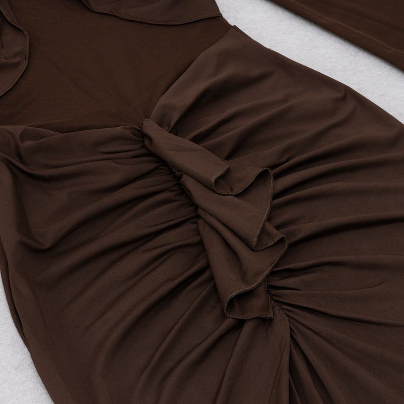 SHEER RUCHED MAXI DRESS IN BROWN
