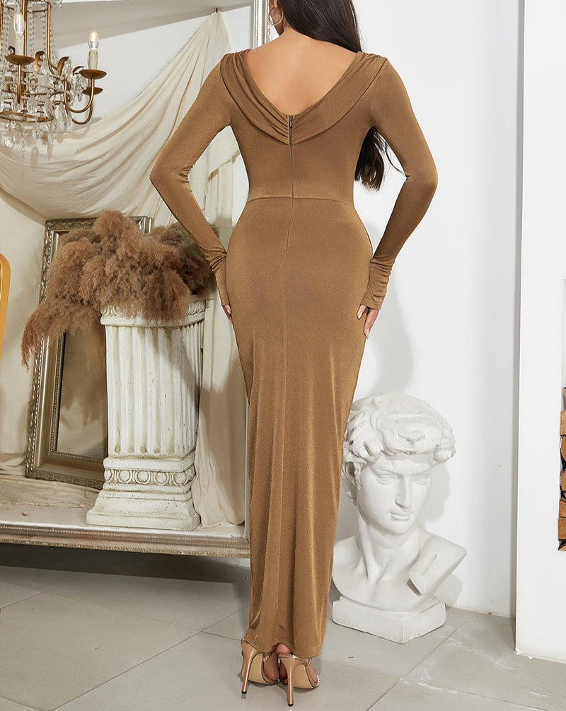 BROWN PLEATED LONG-SLEEVE SLIT MAXI DRESS