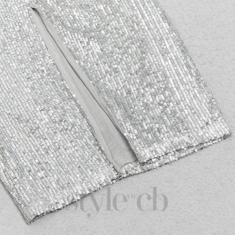 V-NECK SILVER SEQUIN SLIT BODYCON DRESS