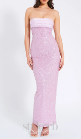 PINK SATIN SEQUIN PEARLS BEADED MAXI DRESS