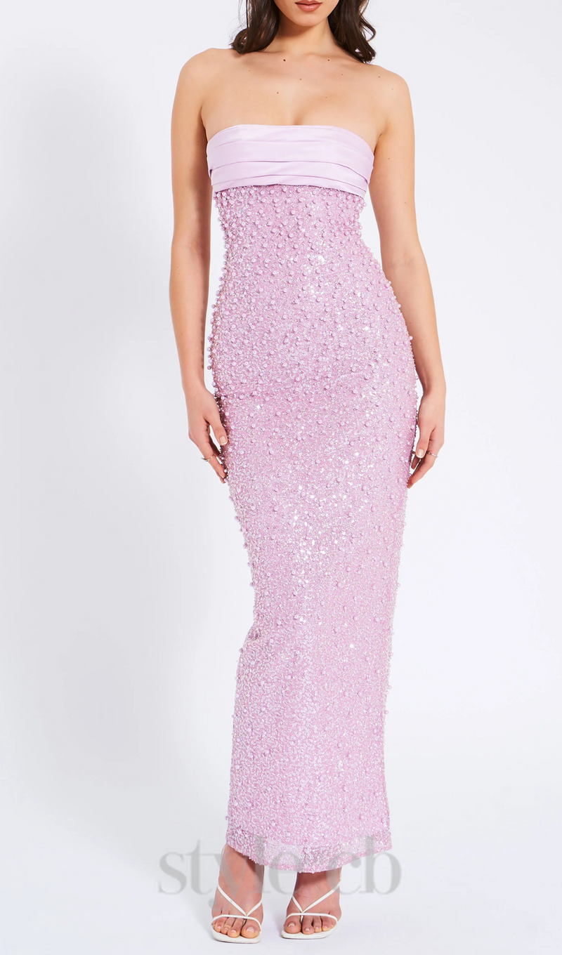 PINK SATIN SEQUIN PEARLS BEADED MAXI DRESS