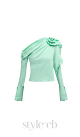 BELLE GREEN RUFFLE ROSETTE ONE-SHOULDER CROP TOP