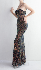 MARIAN CHARCOAL CUTOUT SEQUINS HALTER MAXI DRESS