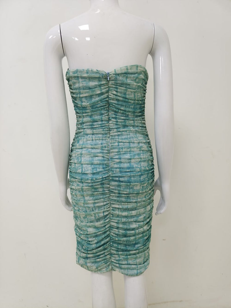 GREEN STRAPLESS RUCHED MIDI DRESS