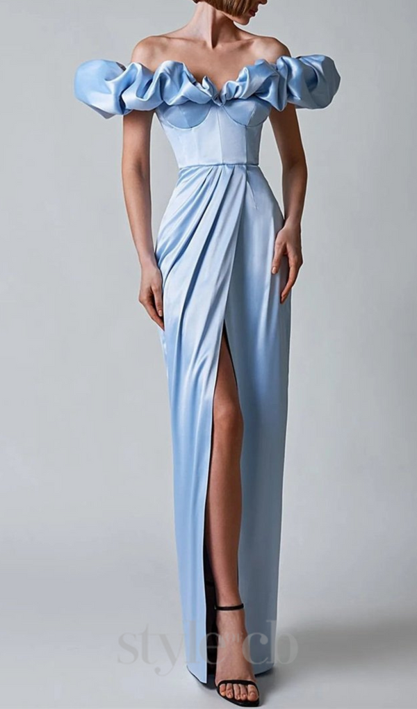 GLADYS BLUE CRYSTAL OFF-SHOULDER MAXI SPLIT DRESS