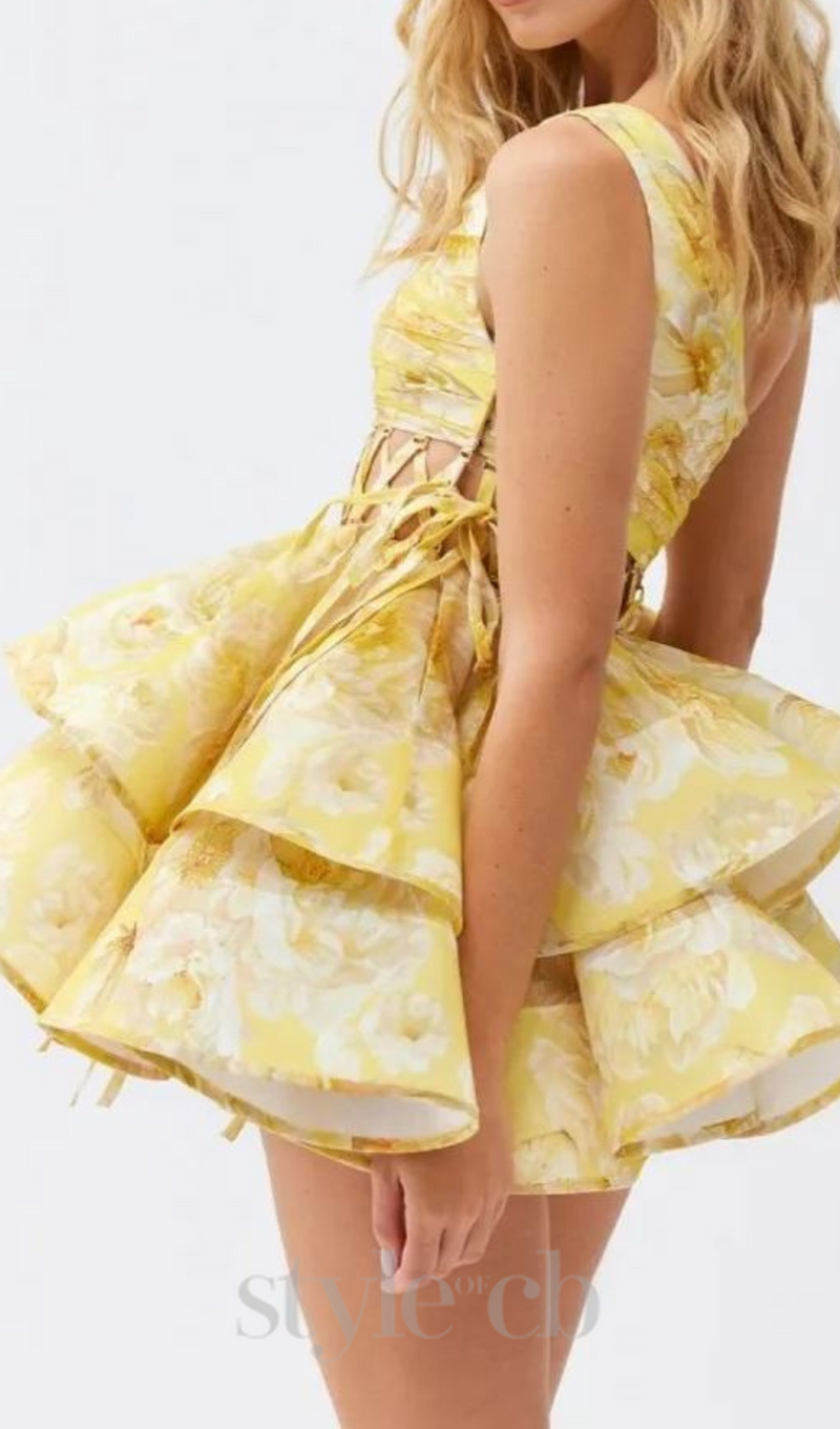 GAIL YELLOW FLORAL PRINTED ONE-SHOULDER MINI CHIFFON DRESS