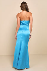 teal blue satin pleated strapless maxi dress