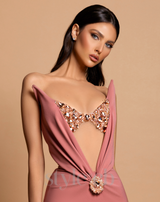 off-shoulder crystal embellished bodycon maxi dress in Iceberry Pink