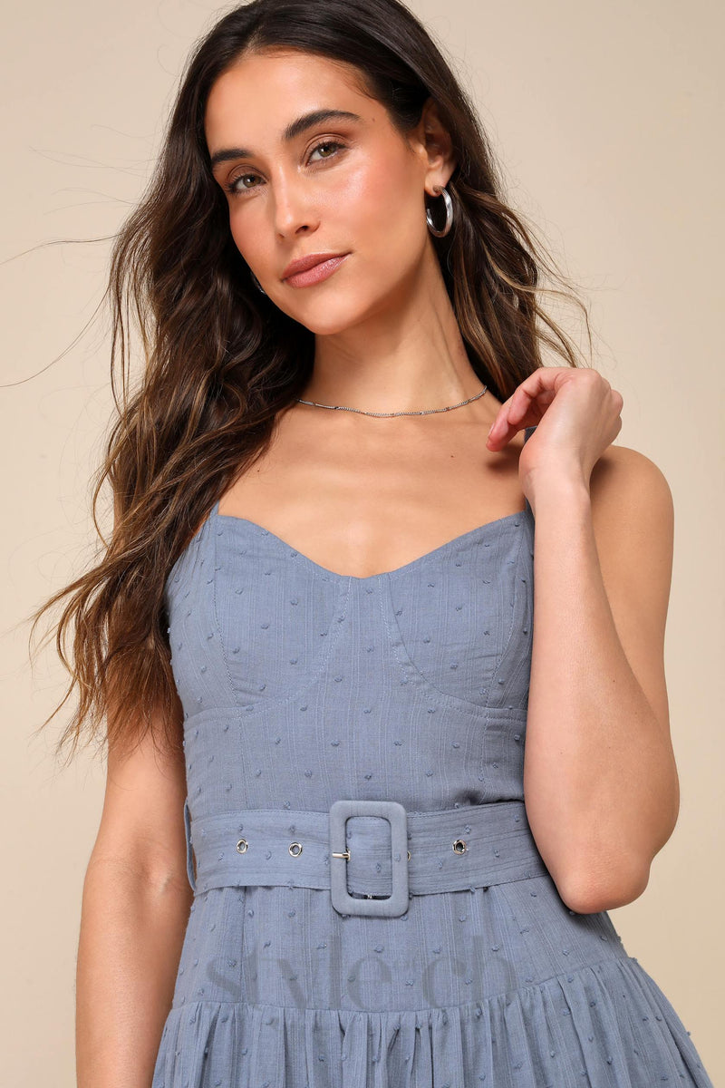 slate blue swiss dot bustier tiered midi dress