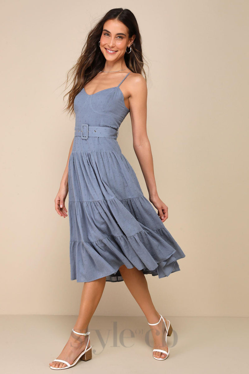 slate blue swiss dot bustier tiered midi dress