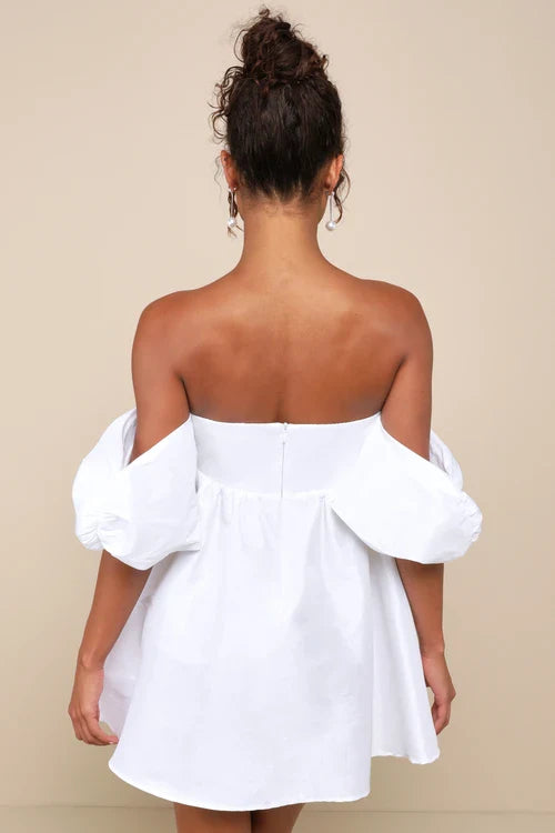 Sweet Vision White Taffeta Off-the-Shoulder Babydoll Mini Dress