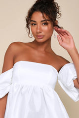 Sweet Vision White Taffeta Off-the-Shoulder Babydoll Mini Dress