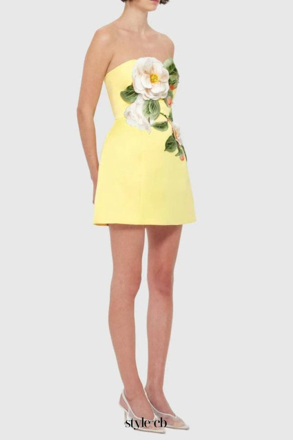 suzanne Appliqué Floral Bustier Mini Dress in yellow