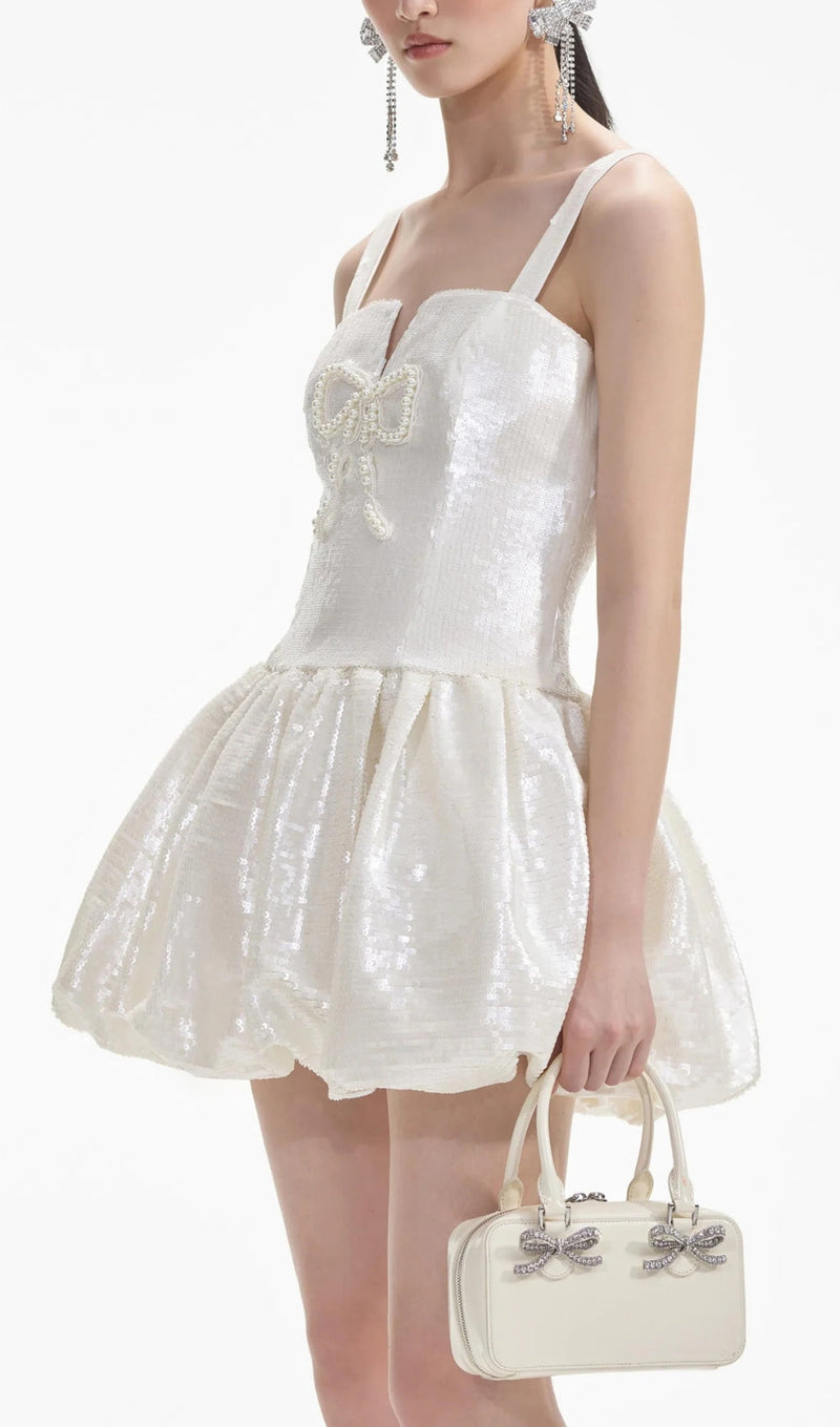 CREAM SEQUIN BOW MINI DRESS