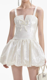 CREAM SEQUIN BOW MINI DRESS