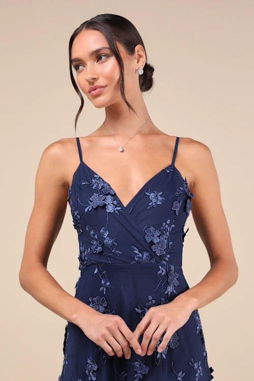 Rare Presence Navy Blue 3D Floral Surplice Maxi Dress