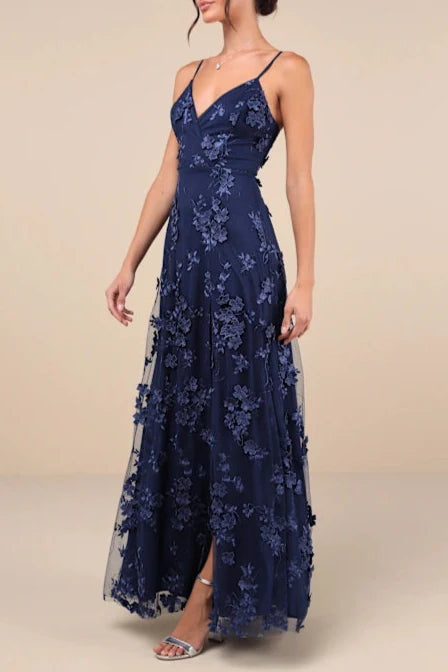 Rare Presence Navy Blue 3D Floral Surplice Maxi Dress