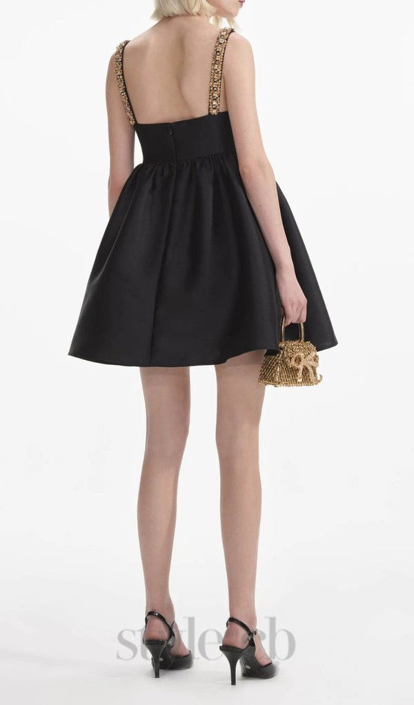 BLACK TAFFETA EMBELLISHED MINI DRESS