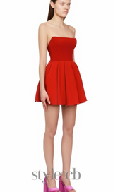 tomato red strapless pleated mini dress