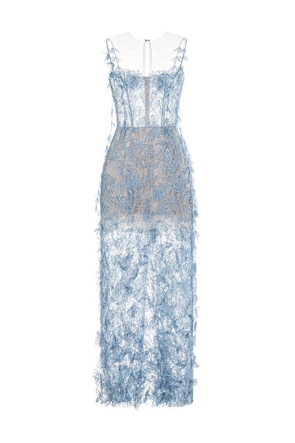 BLUE BEADED LACE PENCIL MIDI DRESS