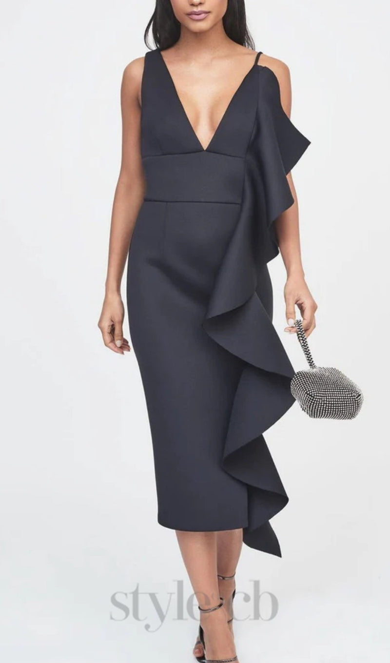 ASYMMETRIC DRAPED FRILL SCUBA DRESS