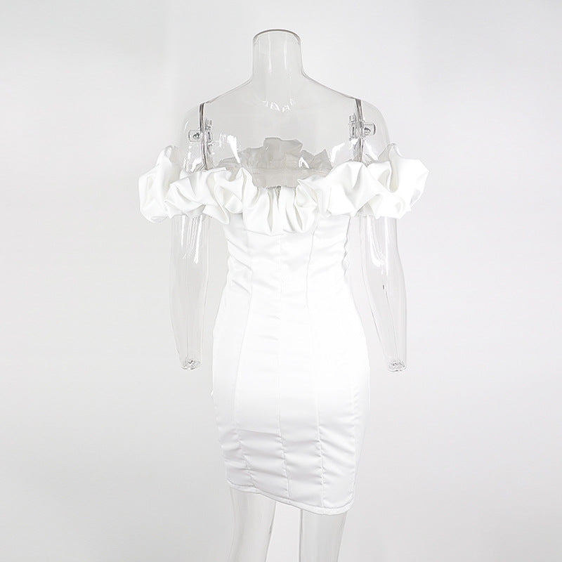 SATIN RUFFLE STRAPLESS DRESS IN WHITE