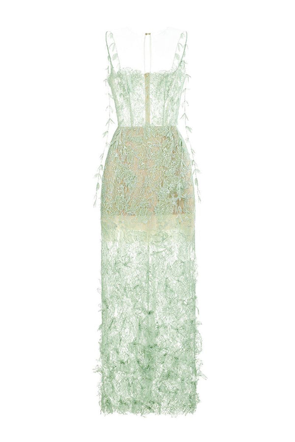 MINT BEADED LACE PENCIL MIDI DRESS