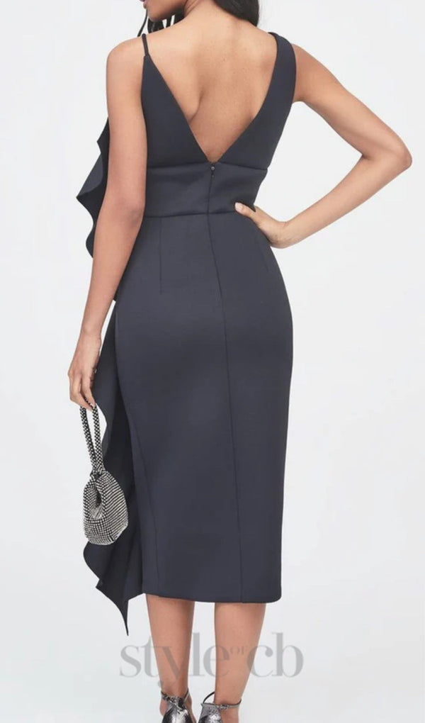 ASYMMETRIC DRAPED FRILL SCUBA DRESS