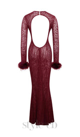 burgundy mesh feather maxi dress