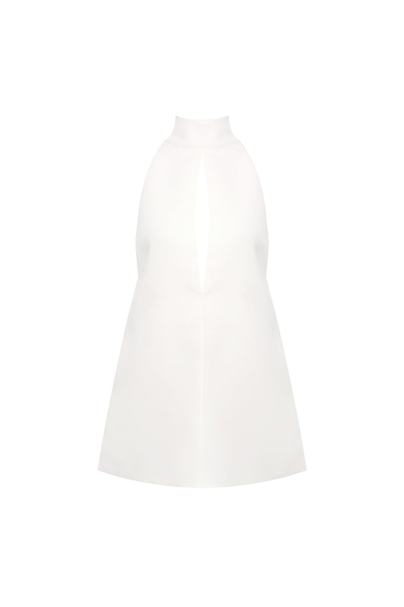 v-neck cutout backless crepe halter dress - white