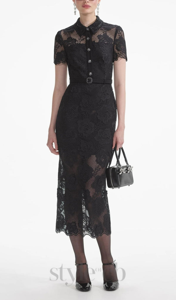 BLACK LACE DIAMANTE MIDI DRESS