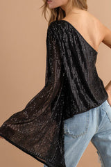 Sequin One Shoulder Bell Sleeve Top