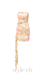 STRAPLESS FLORAL-PRINT RUCHED MINI DRESS