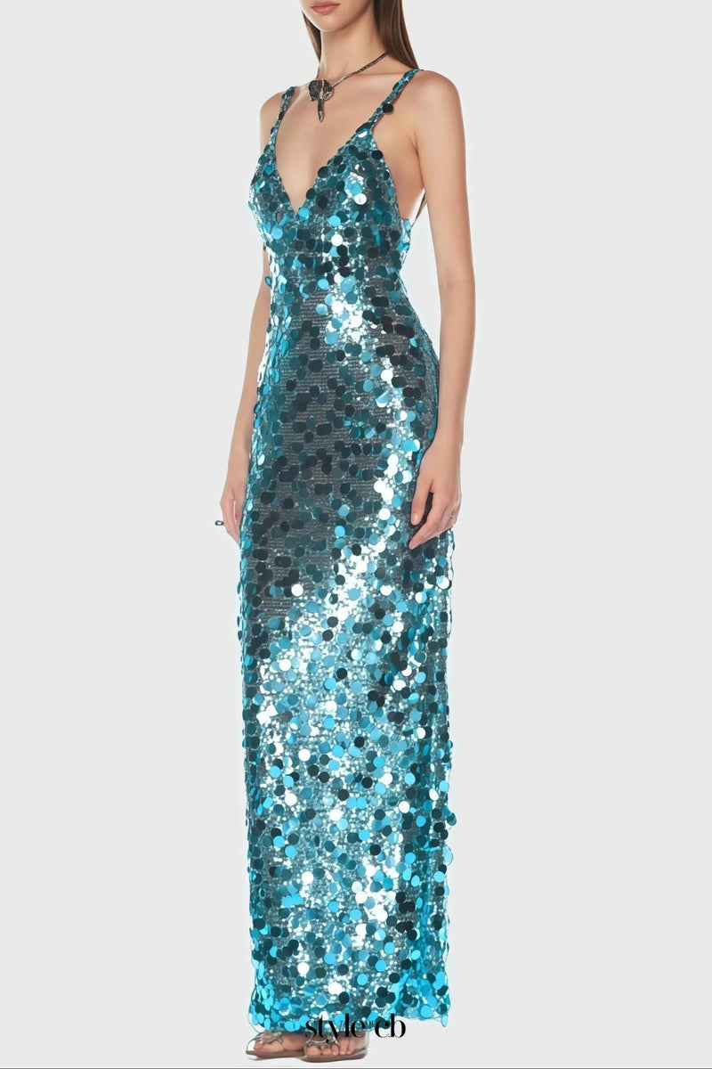 carlin Sequin Deep V Strapless Maxi Dress in blue