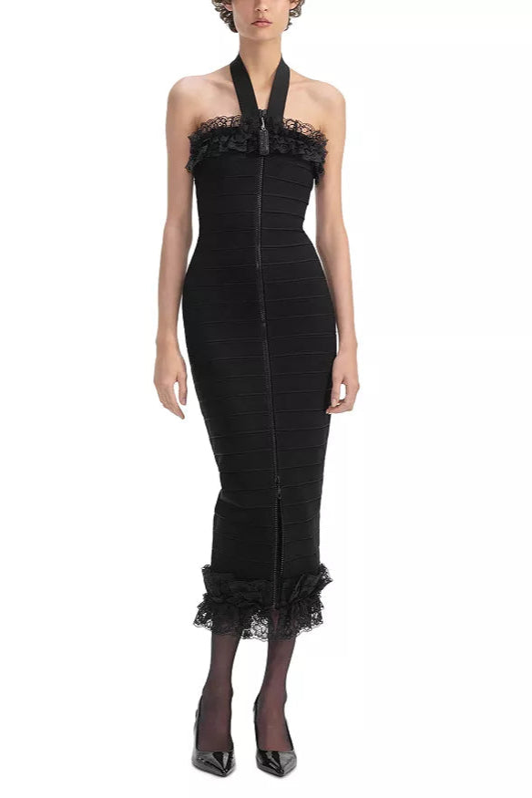 Knit Zip Ruffle Midi Dress in black