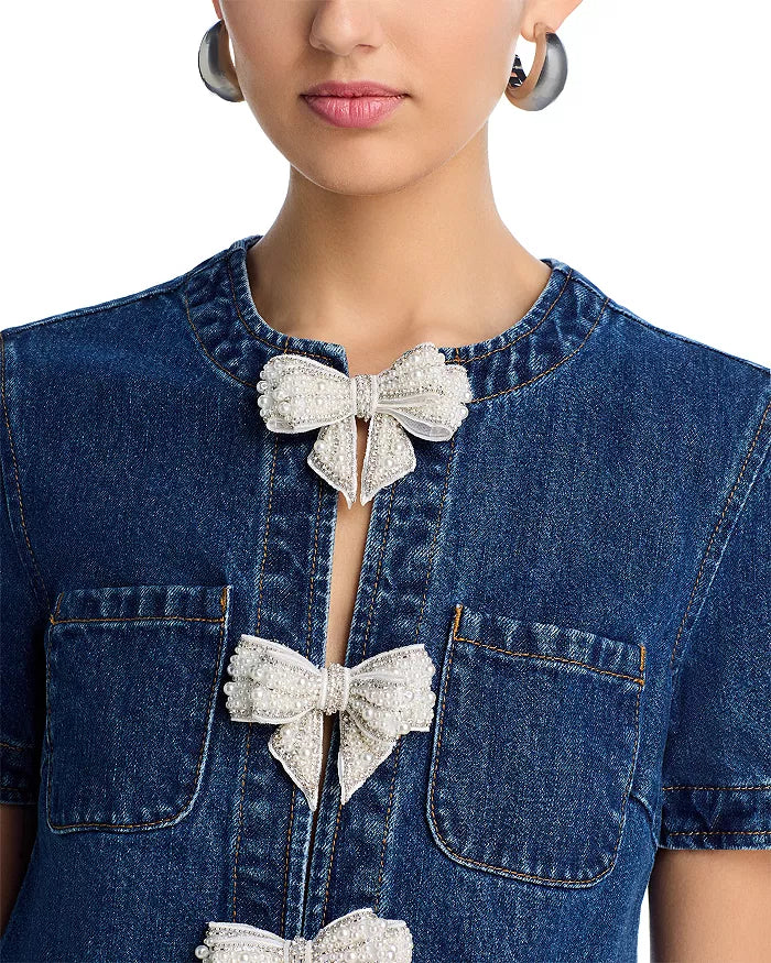 bow Embellished Denim Mini Dress in blue