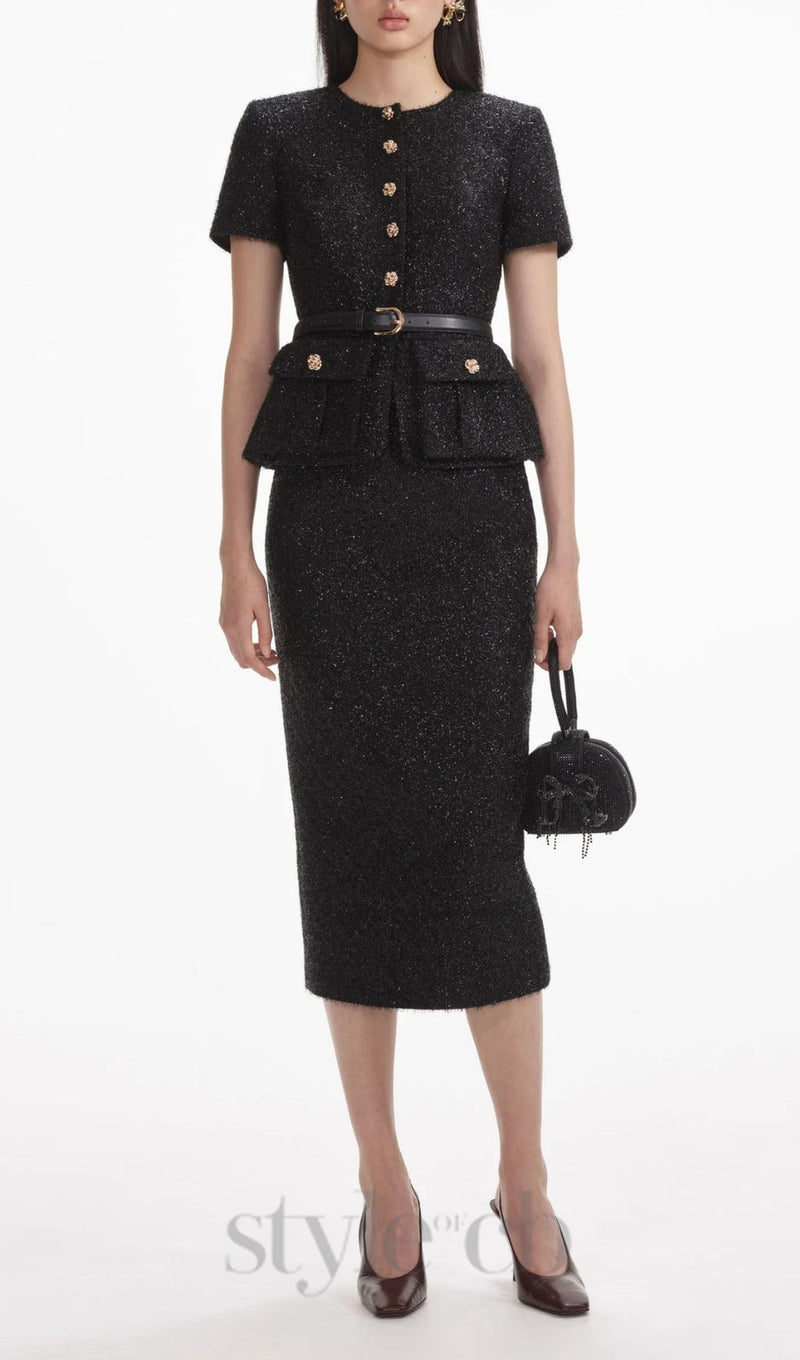 BLACK TINSEL BOUCLE TAILORED MIDI DRESS